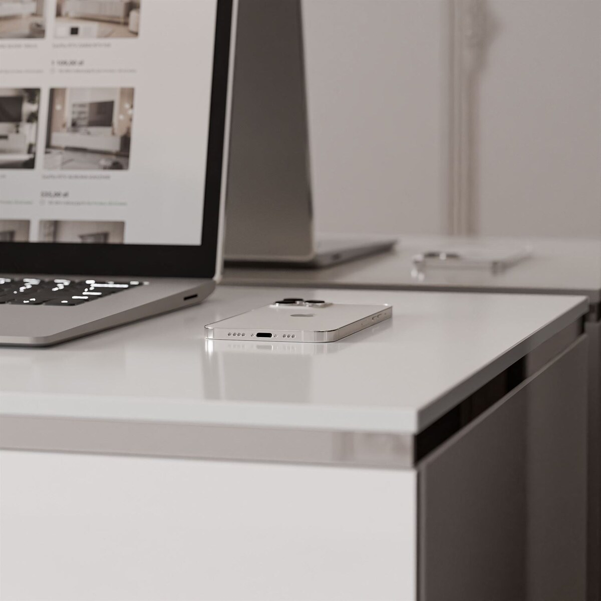 Biurko AURORA SILVER z szufladami biay połysk