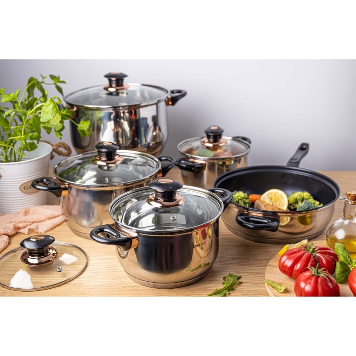 Zestaw garnków stalowych 12 ele. garnki na indukcję komplet Jumbo Rosegold KINGHOFF