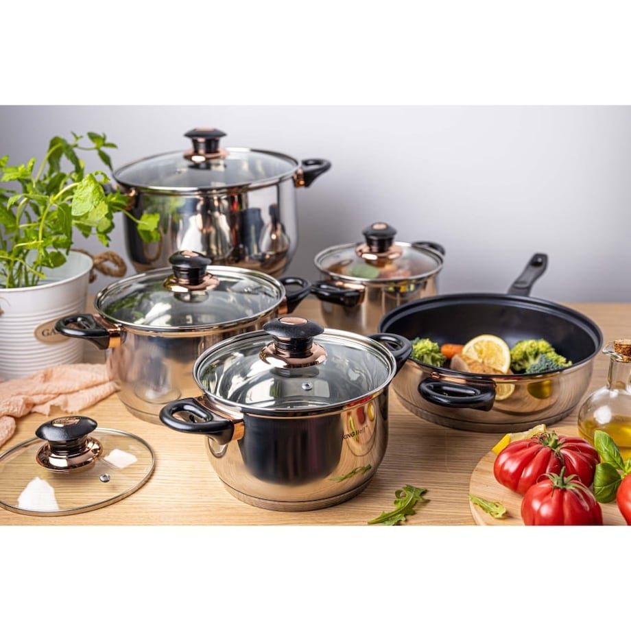Zestaw garnków stalowych 12 ele. garnki na indukcję komplet Jumbo Rosegold KINGHOFF