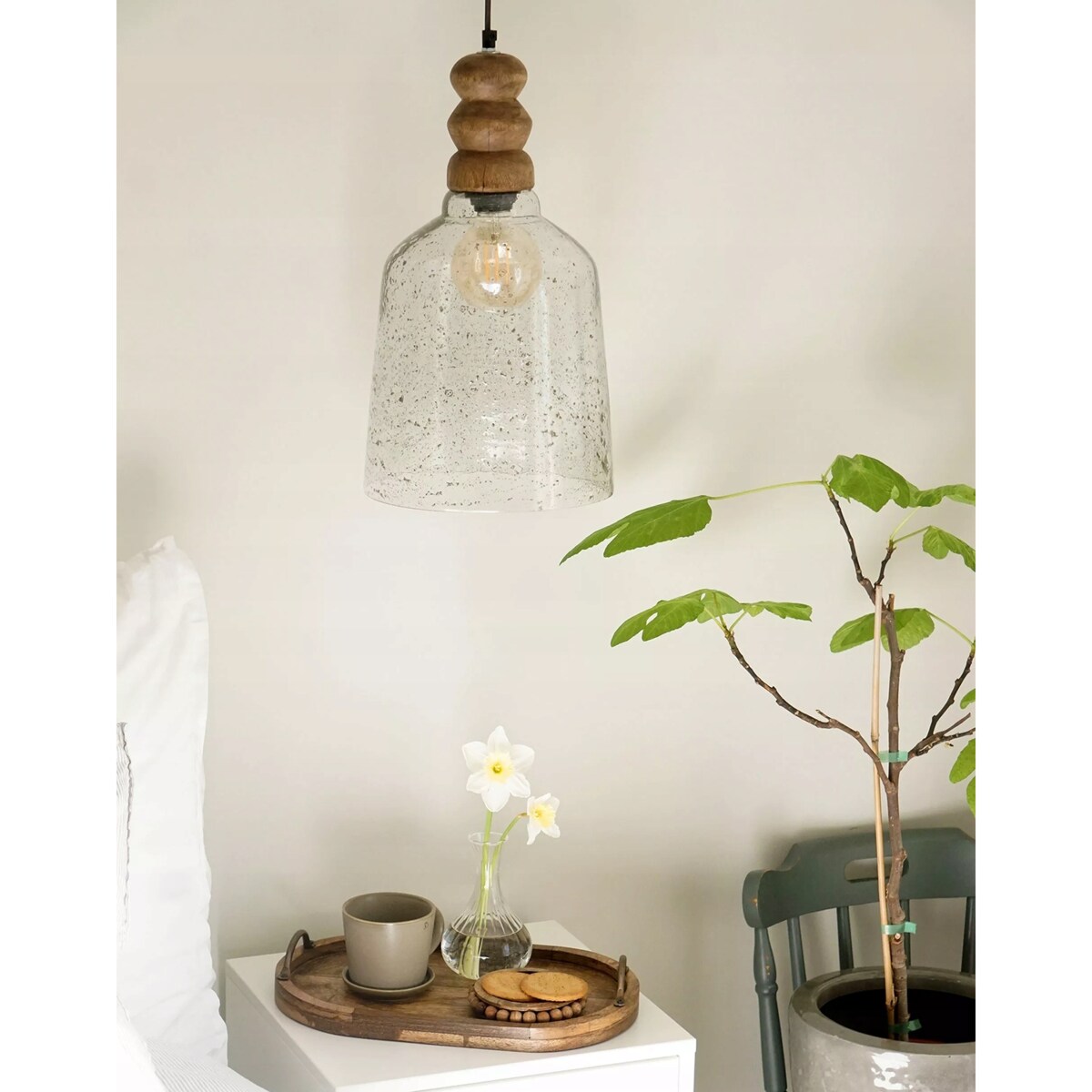LAMPA SUFITOWA DO SALONU E27 boho wisząca naturalna drewno mango duża