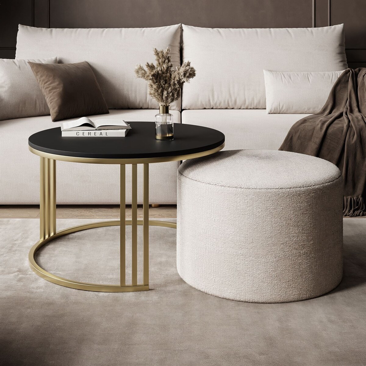 Stolik kawowy z pufą LORI MAT złoto szczotkowane, czarny mat / Perfect Harmony 01