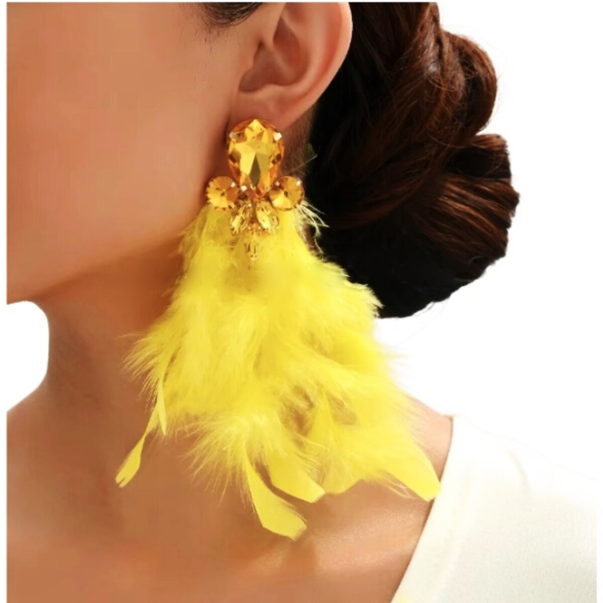 Żółte NEONOWE kolczyki piórka prezent vintage BOHO glam długie lekkie wiszą