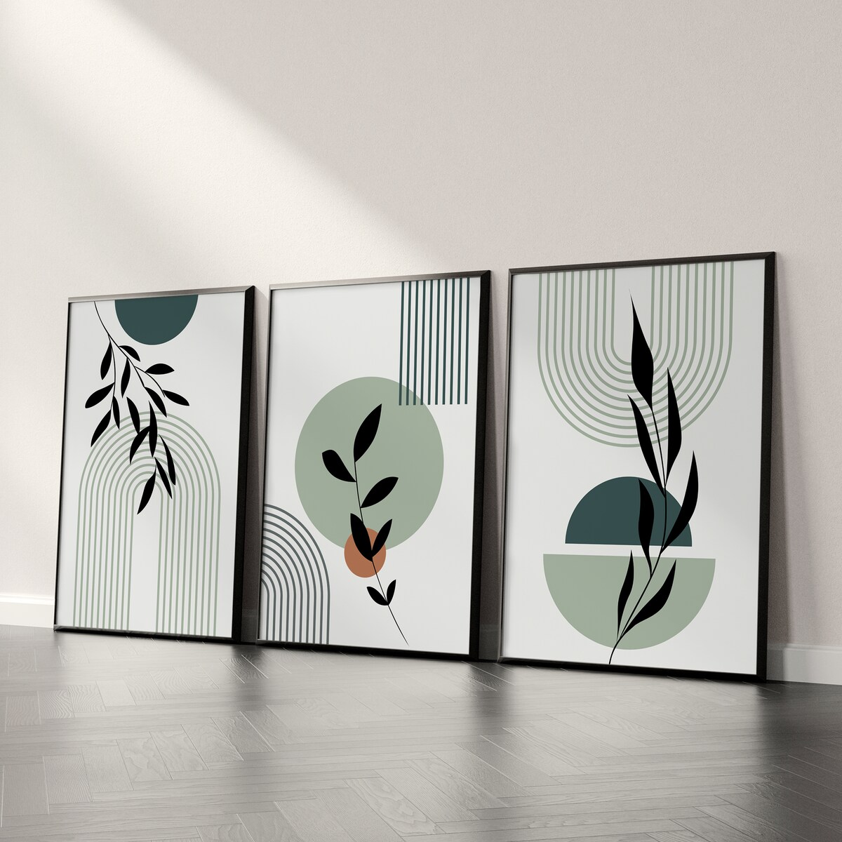 ZESTAW 3X PLAKAT W RAMIE DO SALONU STYL BOHO ŁUKI LIŚCIE NATURA 60x80cm