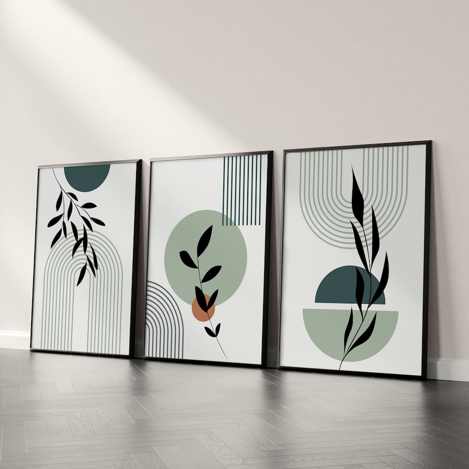 ZESTAW 3X PLAKAT W RAMIE DO SALONU STYL BOHO ŁUKI LIŚCIE NATURA 60x80cm