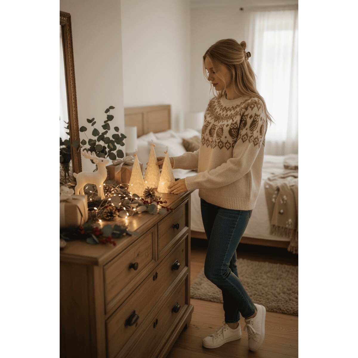 Świąteczna świeca choinka z wosku sojowego – dekoracja z motywem kwiatowym