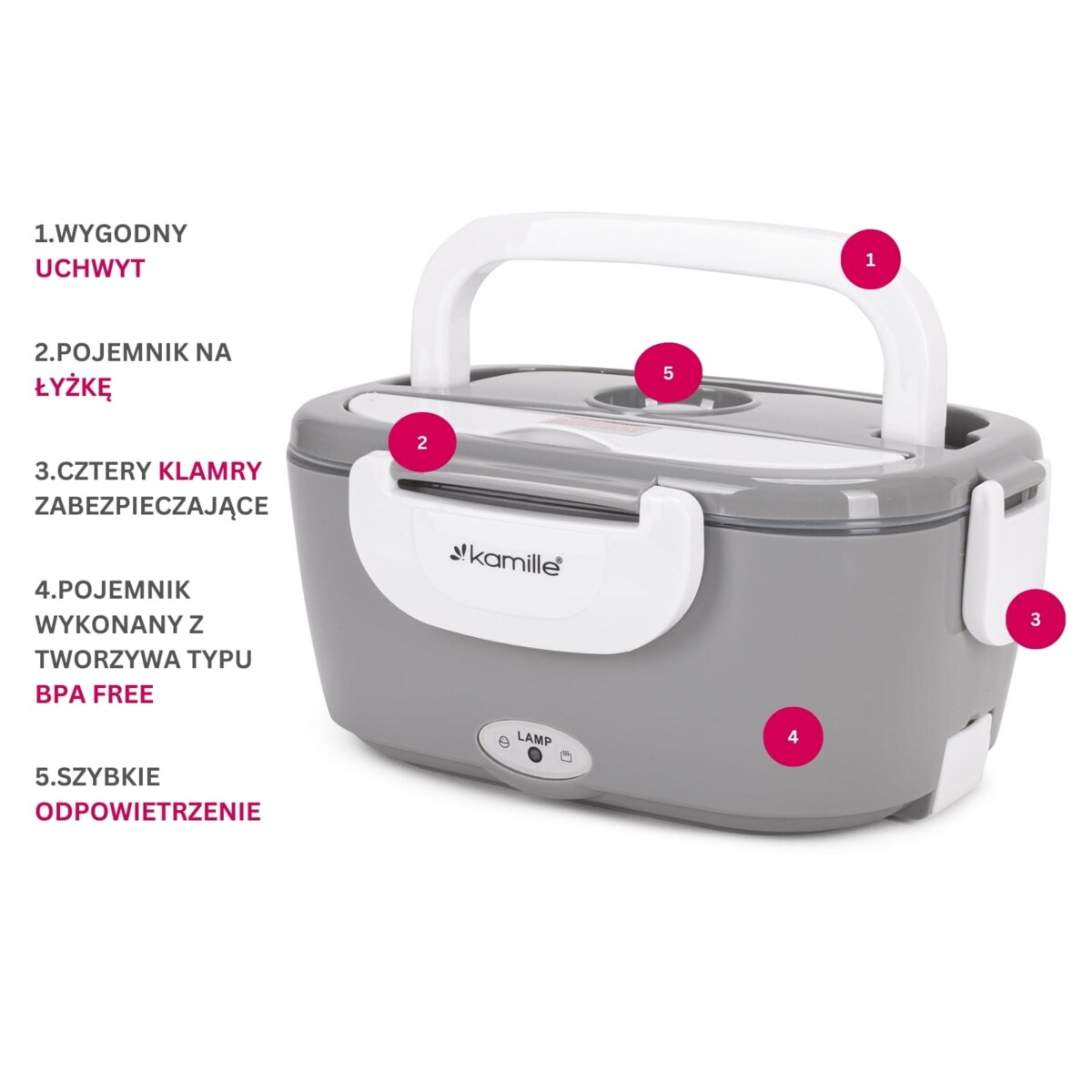 Elektryczny lunch box podgrzewany termos pojemnik na obiad 1.5L KAMILLE