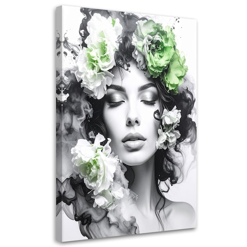Obraz do salonu sypialni, Portret Kobieta z zielonymi kwiatami na głowie 60x90