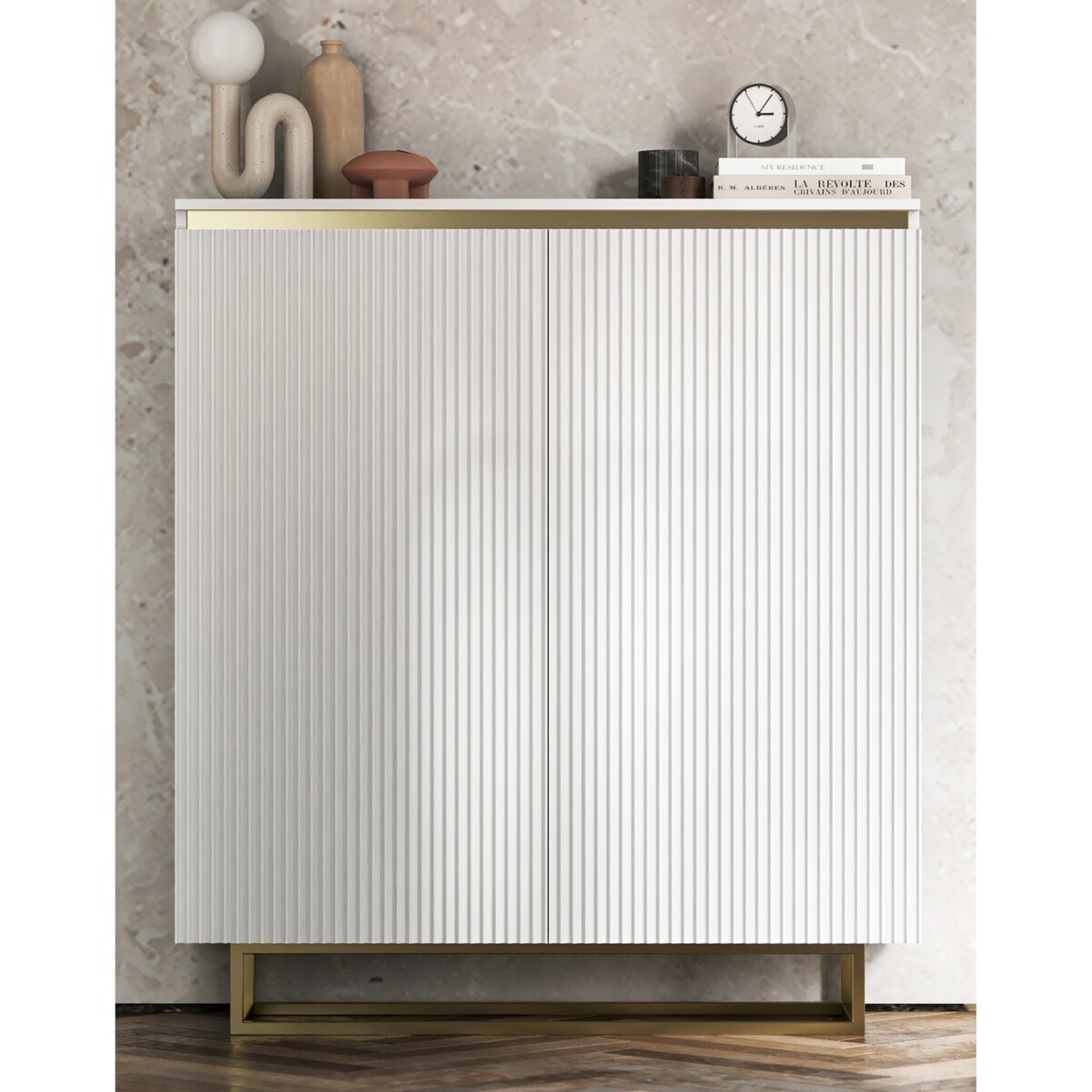 Komoda Glamour Szafka RTV Biały MAT ryflowane fronty złote akcenty 110,8 cm