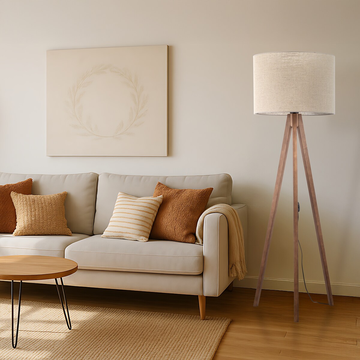Lampa podłogowa GRAND ORZECH TK Lighting 145 cm drewniana z beżowym abażurem E27 do salonu
