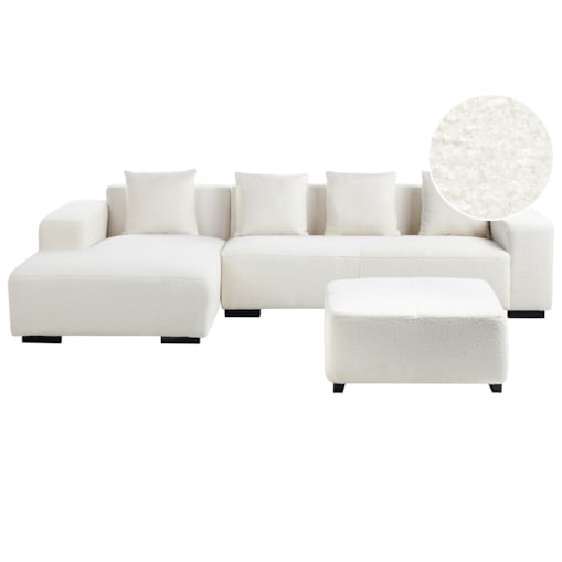 Sofa narożna z otomaną LUNGO Boucle Biały dla 4 osób Prawostronny