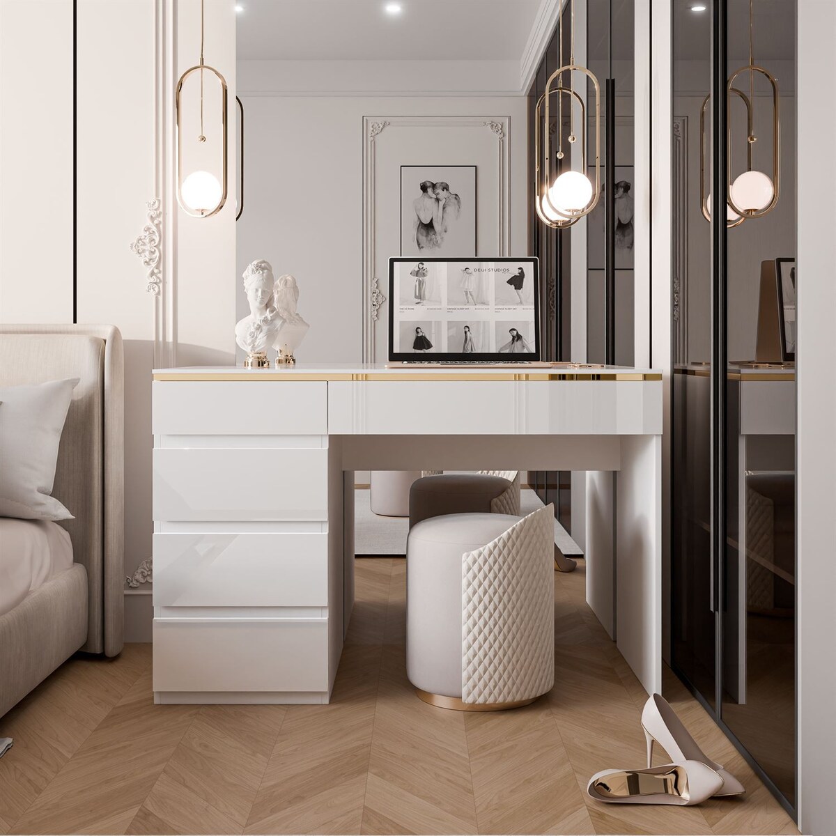 Biurko AURORA z szufladami biały połysk