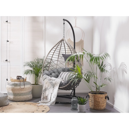 Fotel wiszący ze stojakiem z technorattanu szary ARSITA