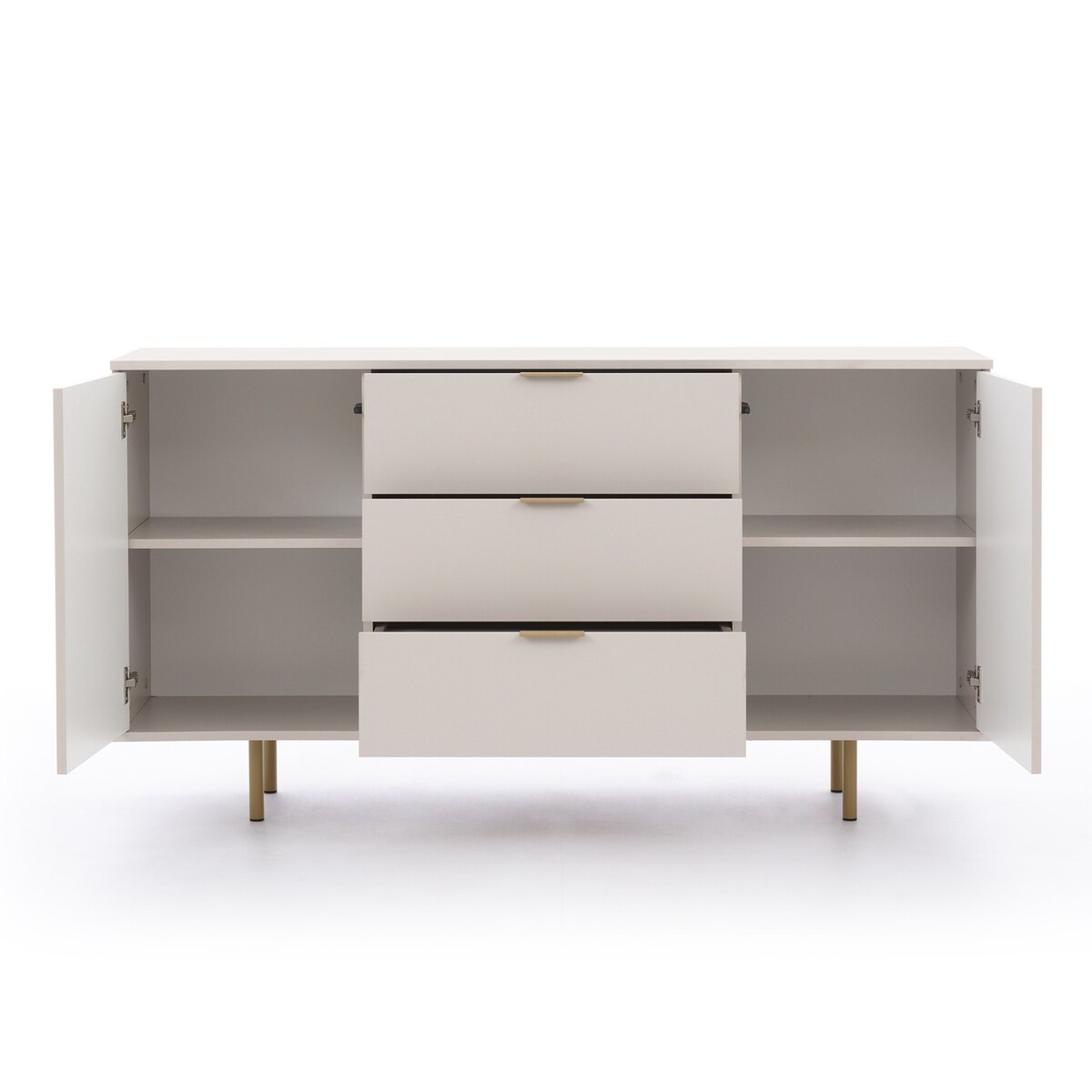 Komoda dwudrzwiowa z szufladami ryflowana beżowa/złote nóżki Molly