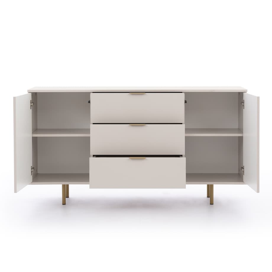 Komoda dwudrzwiowa z szufladami ryflowana beżowa/złote nóżki Molly