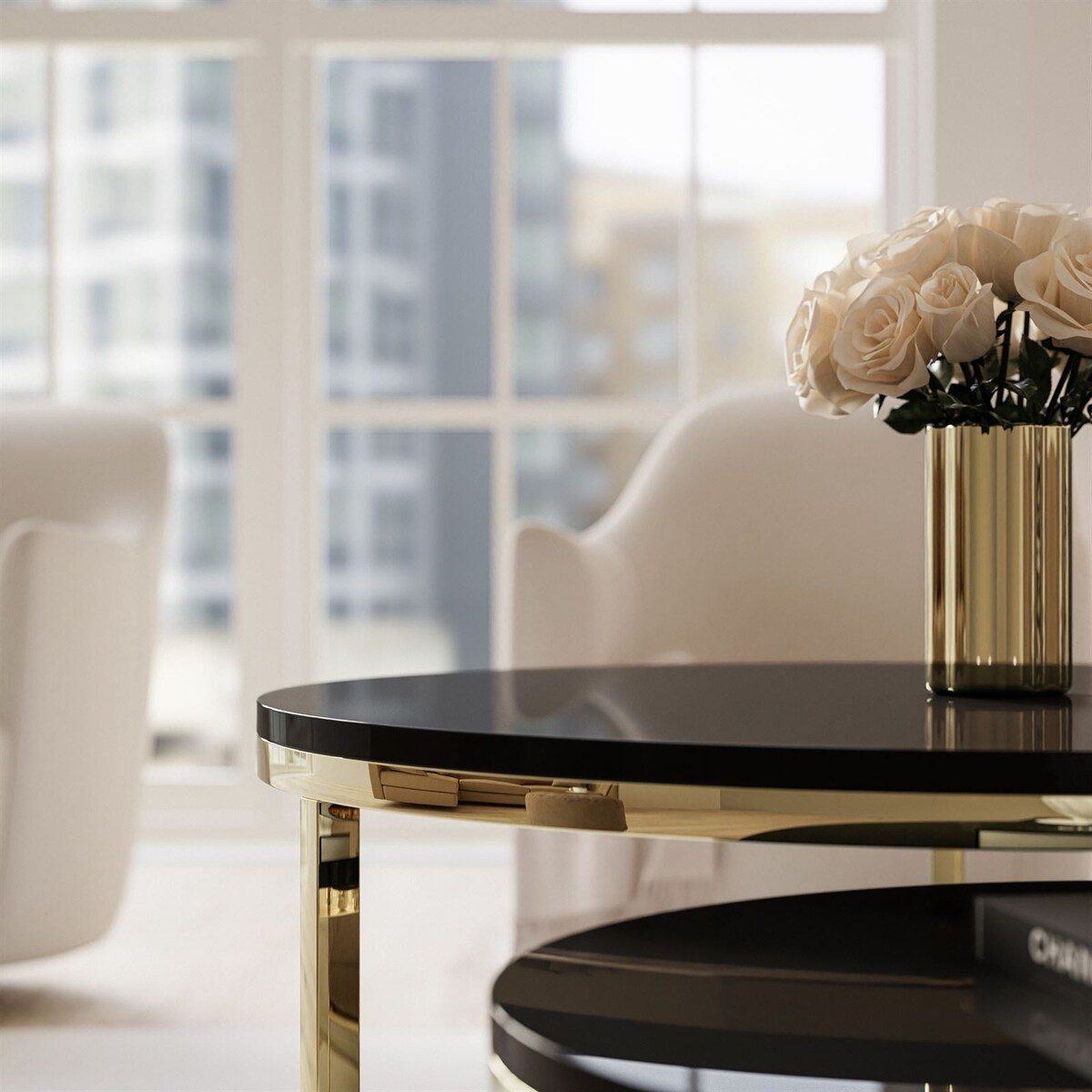 Okrągły stolik kawowy CIRI 2w1 złoty chrom czarny połysk