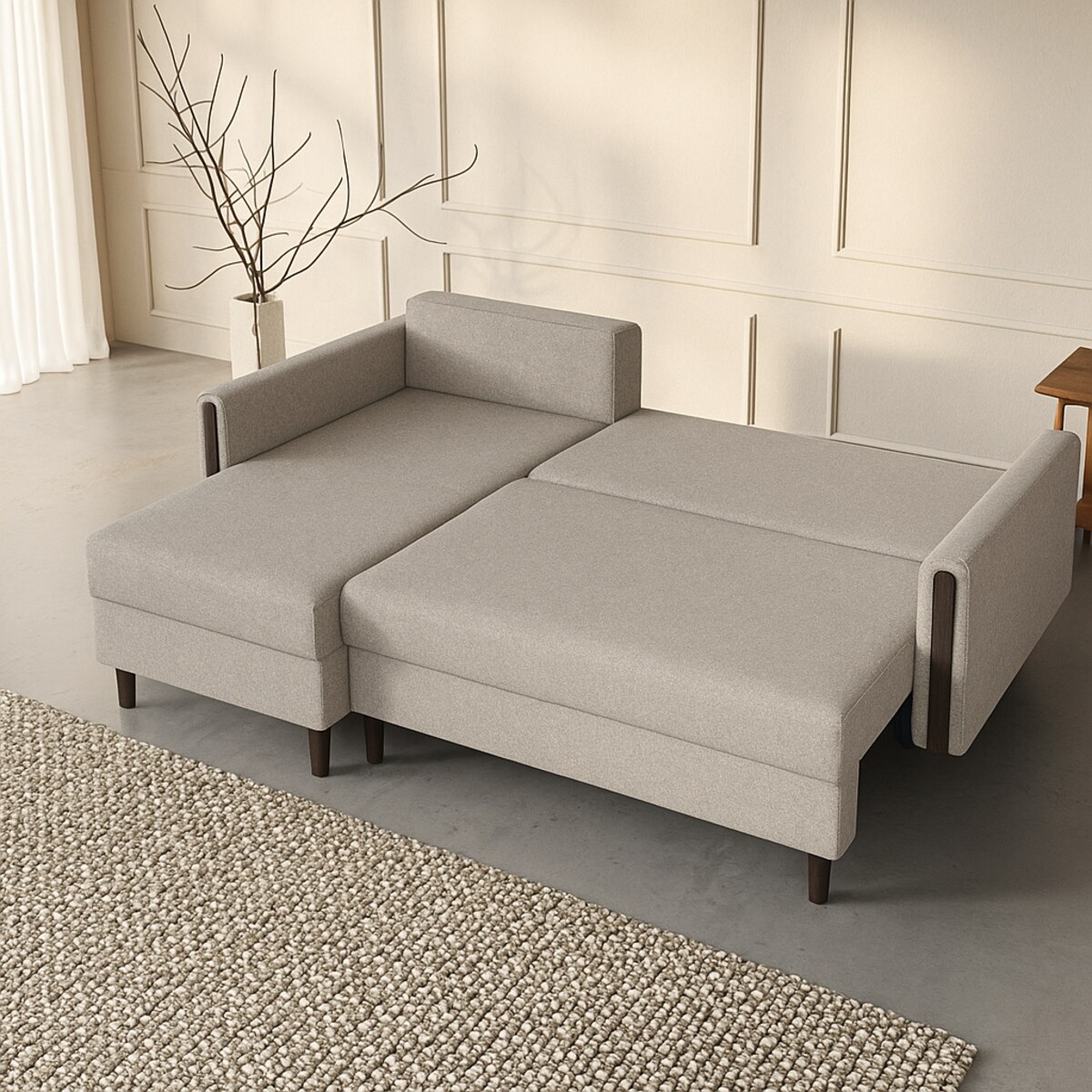 Wygodny narożnik GALOS - beżowy-drewno wenge - lewostronny