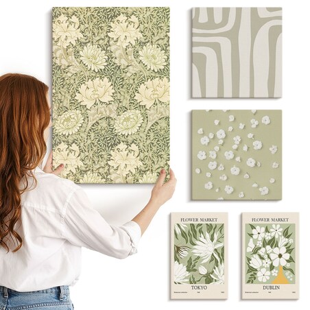 Zestaw 5 obrazów na płótnie - Roślinne boho z kwiatami - zielony