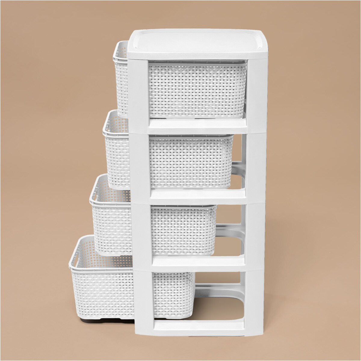 Regał Stojak Łazienkowy Rattanowy Szafka Z Koszami 4 X 7L Biały
