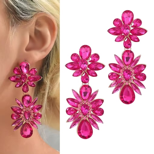Kolczyki efektowne duże FUKSJA malinowe z aplikacjami cyrkoniami rozety
