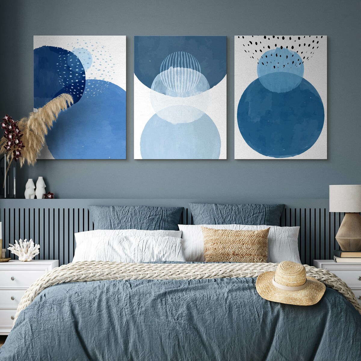 OBRAZY NA PŁÓTNIE SET AKWARELOWE NIEBIESKIE KOŁA ABSTRAKCJA 90x40cm