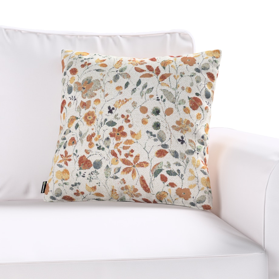 Poszewka Kinga na poduszkę 43x43 pomarańczowo-zielone kwiaty na kremowym tle