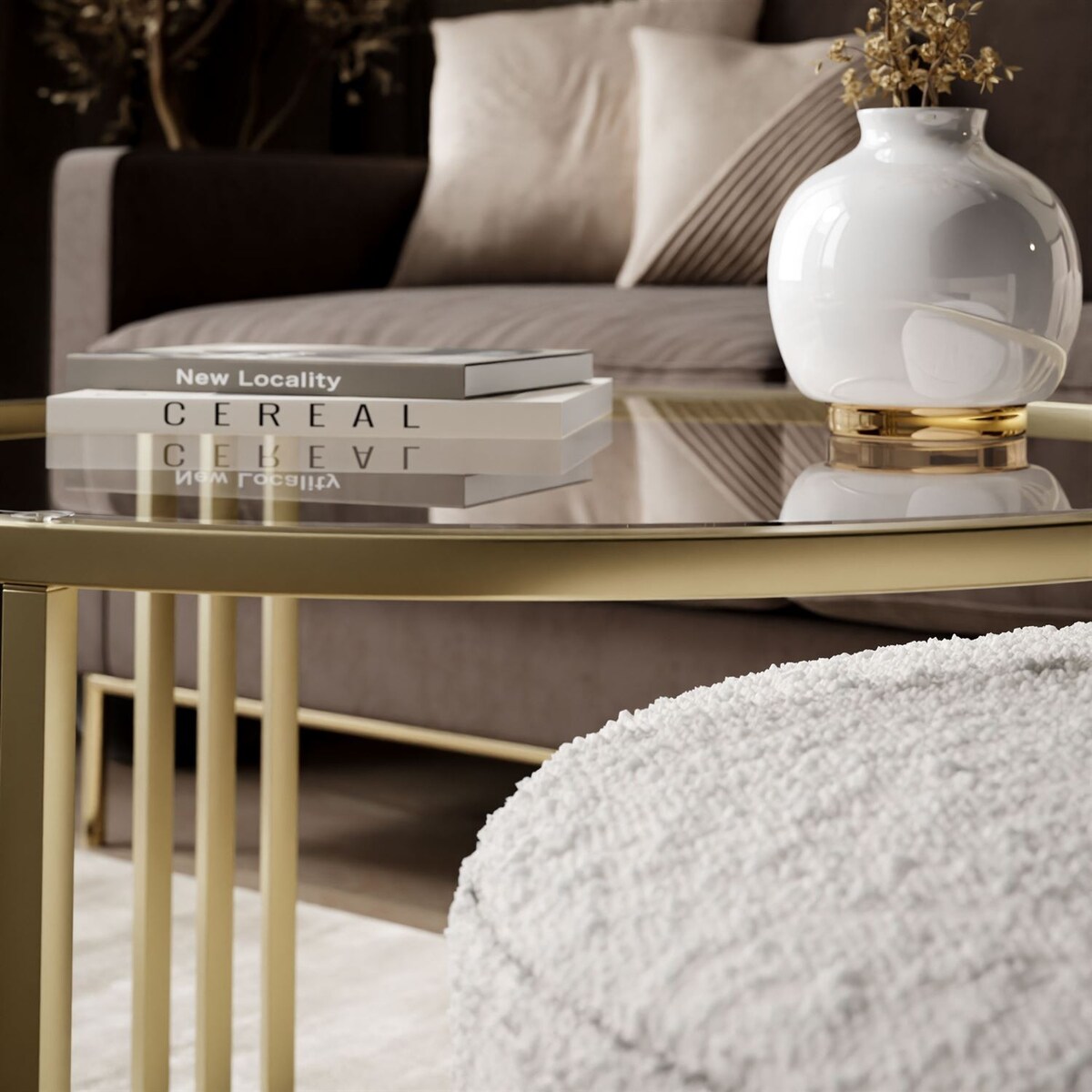 Stolik kawowy z pufą LORI GLASS złoto szczotkowane, przezroczyste szkło / Coral 65