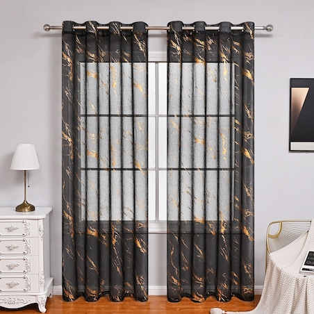firana z etaminy "marmur" złoty print 140x250 cm czarna