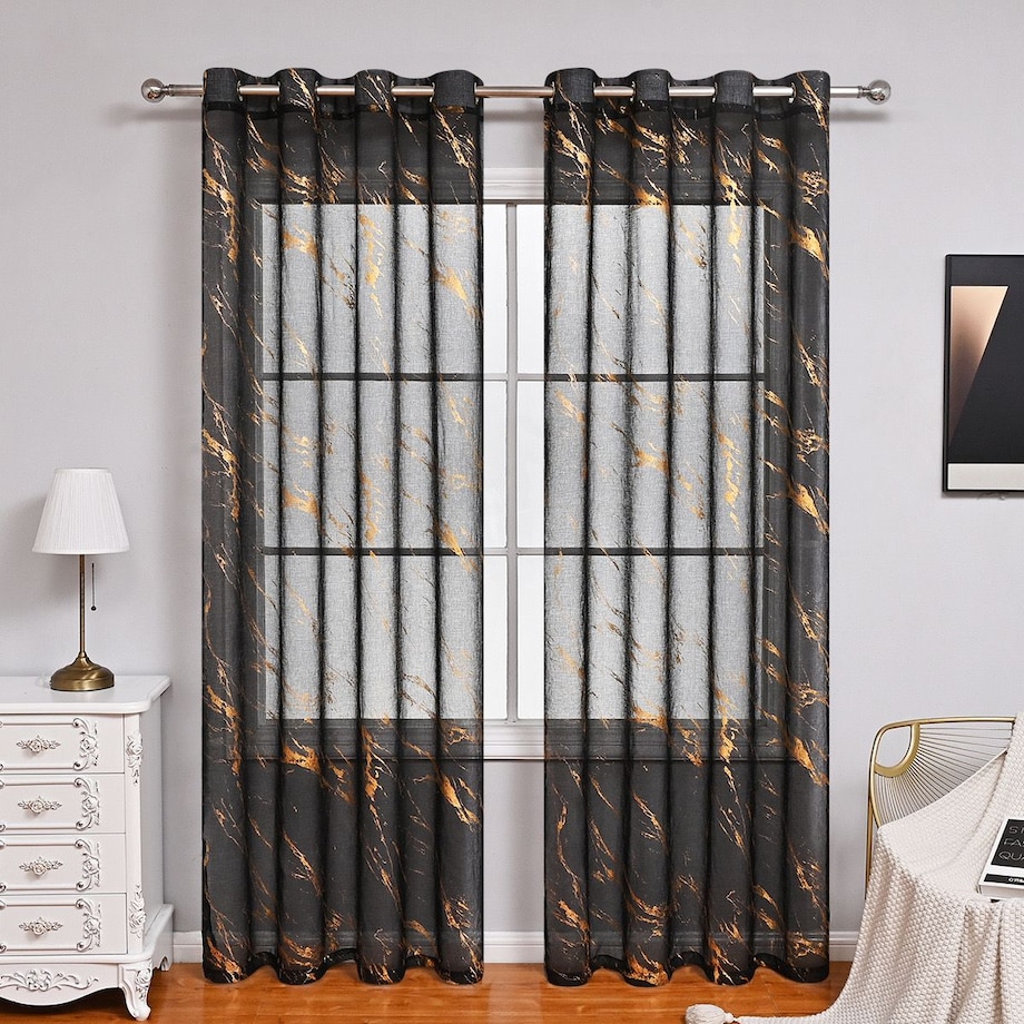 firana z etaminy "marmur" złoty print 140x250 cm czarna