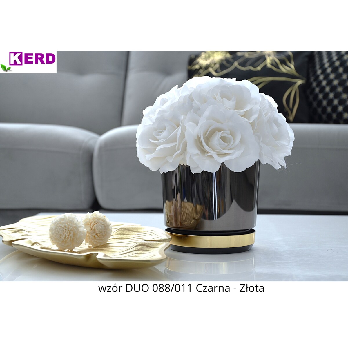 32 Doniczka DUO CZARNA z podstawką ZŁOTA dwukolorowa nowoczesna glamour wysoki połysk metaliczna elegancka duża szeroka