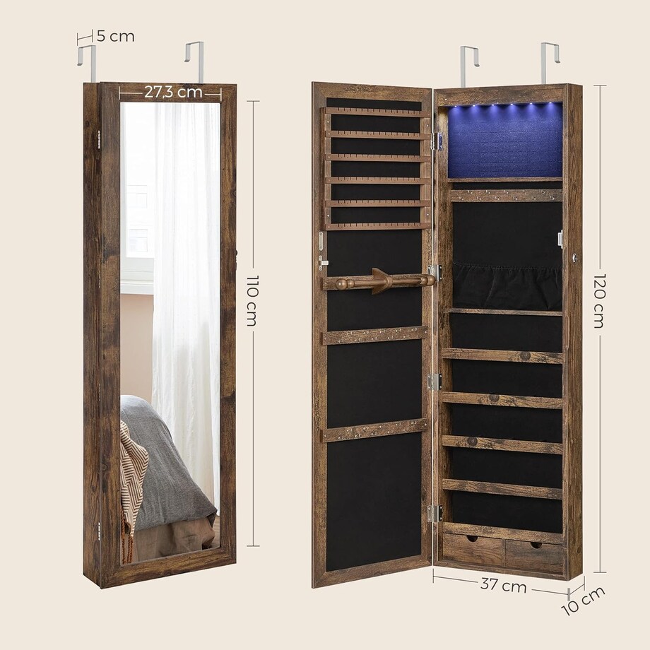 Szafka Z Lustrem Na Biżuterię 37X10X120 Cm Rustykalny Brąz