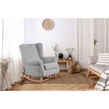 KONSIMO TULES Fotel bujany z torbą wykonany z szarej tkaniny jagnięcej