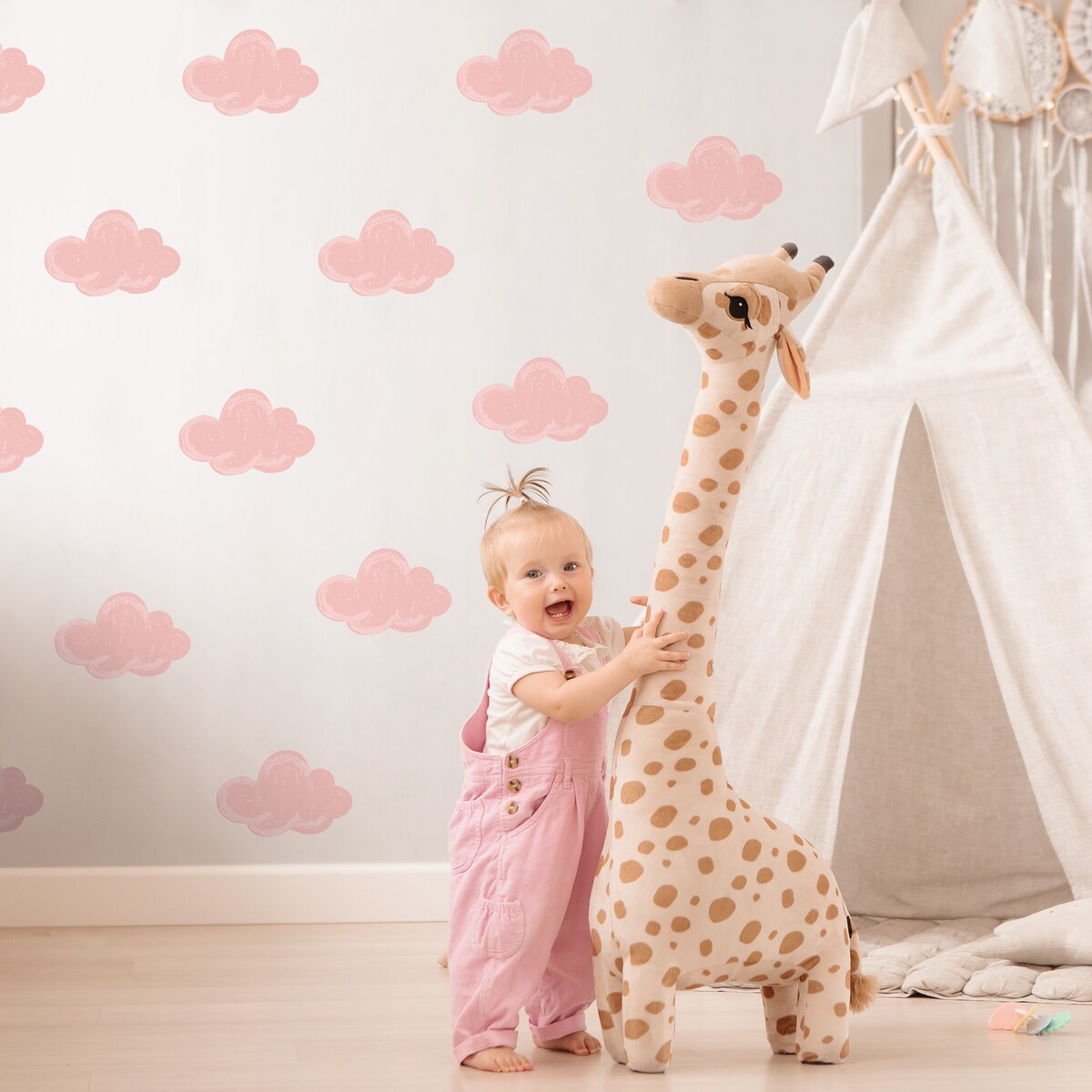 Naklejki Dla Dzieci Różowe Chmury Pastelowe Chmurki Styl Boho Zestaw 120x60cm
