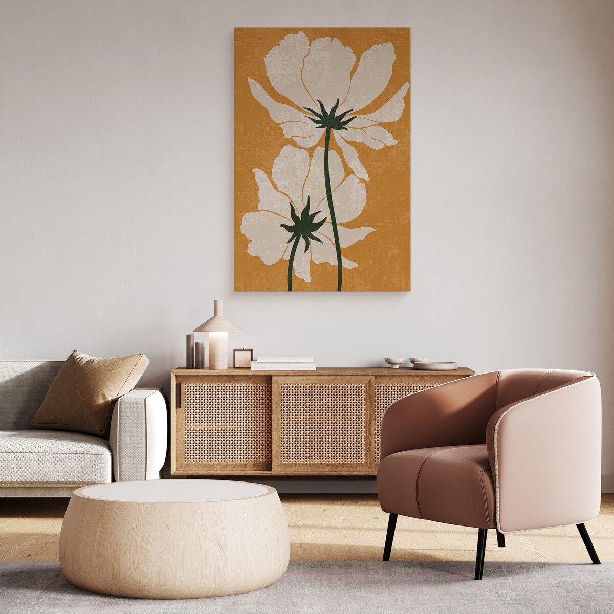 OBRAZ DO SALONU BIAŁE KWIATY LIŚCIE NATURA STYL BOHO MINIMALIZM 30x40cm