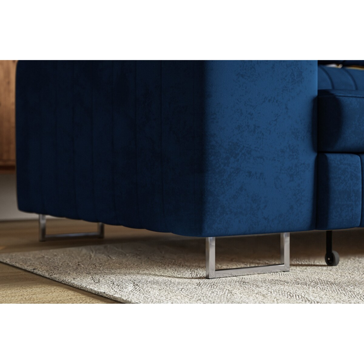 Narożnik NOLA do salonu, na srebrnych nogach-prawostronny- welur, granatowy