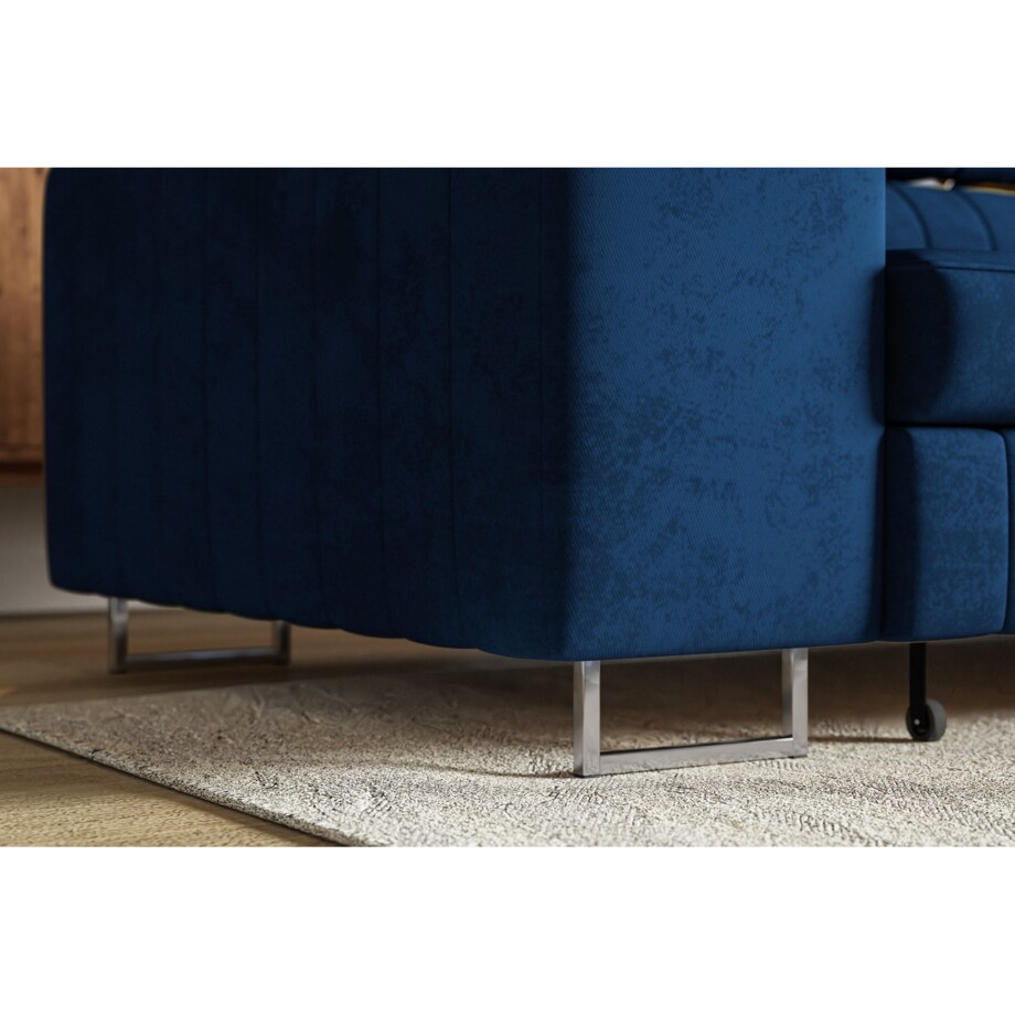 Narożnik NOLA do salonu, na srebrnych nogach-prawostronny- welur, granatowy