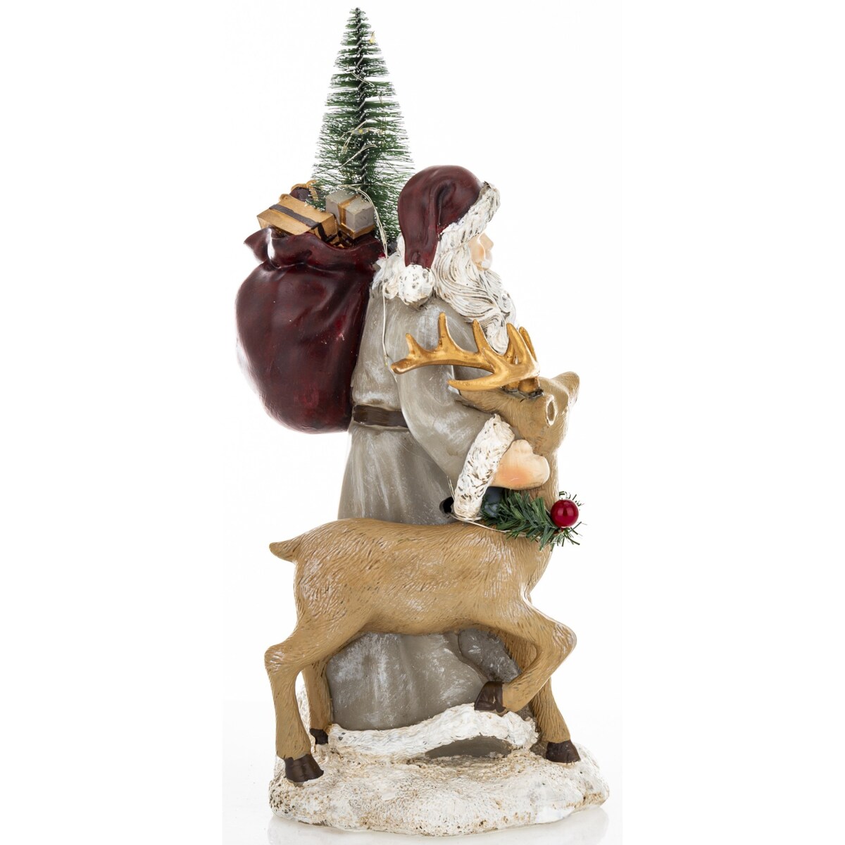Figurka - Mikołaj LED z jelonkiem i workiem na plecach 29x14x14 cm