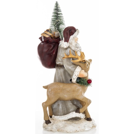 Figurka - Mikołaj LED z jelonkiem i workiem na plecach 29x14x14 cm