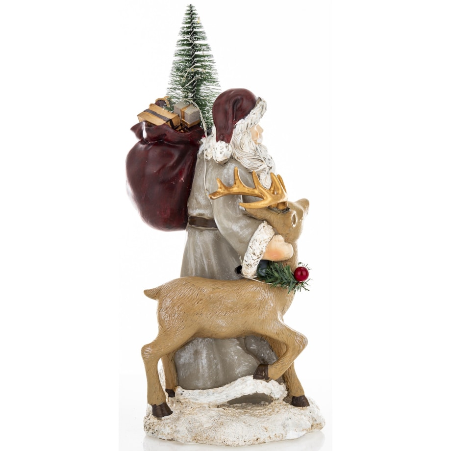 Figurka - Mikołaj LED z jelonkiem i workiem na plecach 29x14x14 cm