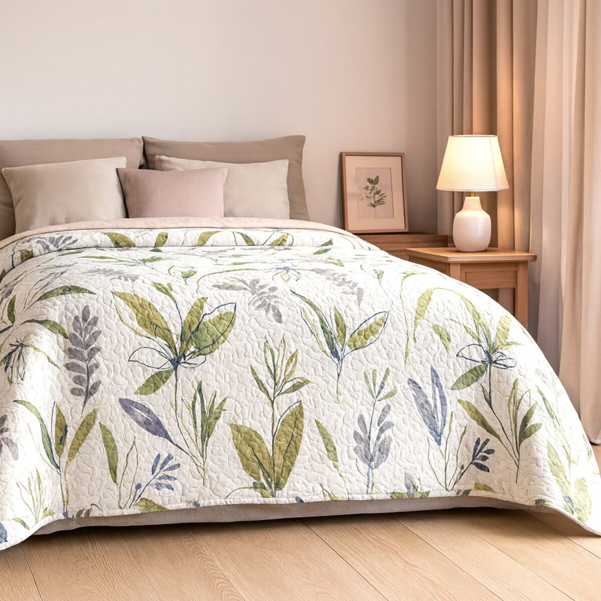 Narzuta pikowana biała Flori 170x210, zielone liście, drukowana