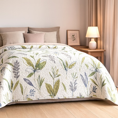 Narzuta pikowana biała Flori 170x210, zielone liście, drukowana
