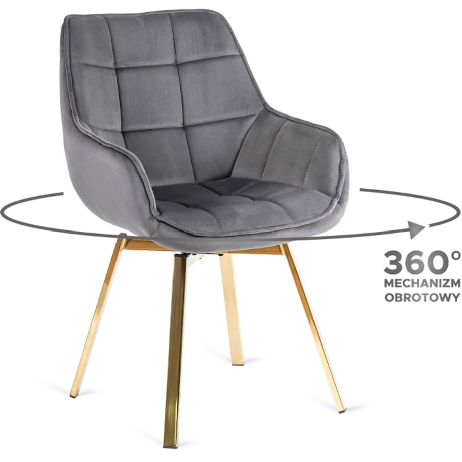 Krzesło Obrotowe Glamour Welurowe Tapicerowane Do Jadalni Salonu Szare MIA