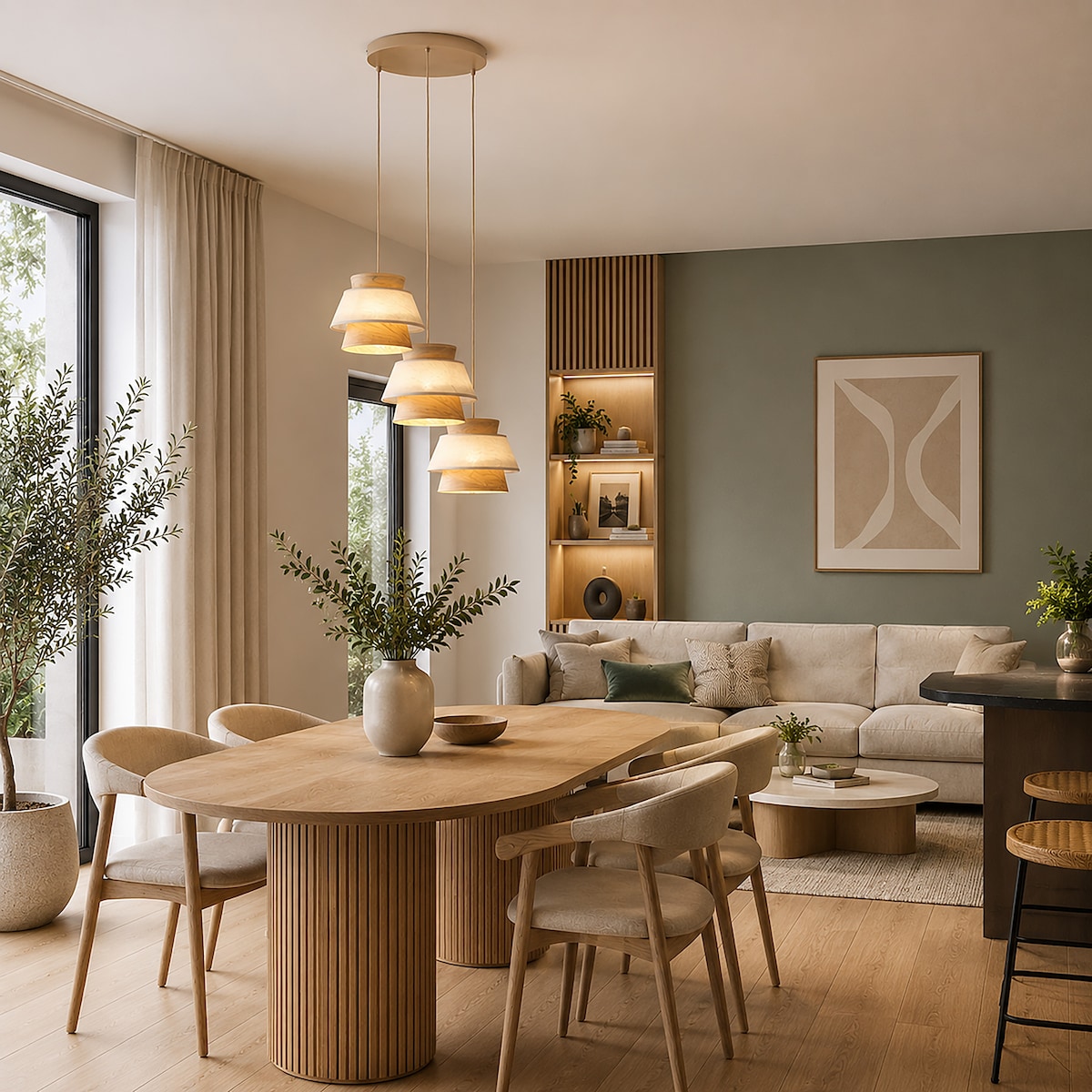 Lampa Wisząca Na Kole Tk Lighting Kalum Len Fornir 3Xe27 Skandynawski, Boho, Japandi