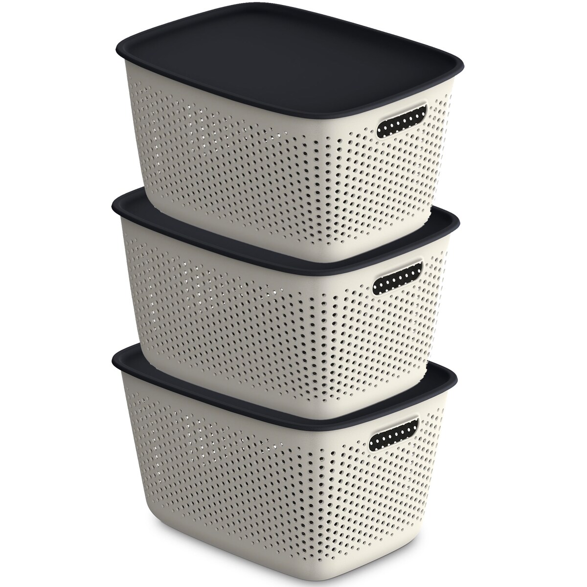 3X Pojemnik Plastikowy Ażurowy Pudełko Z Pokrywą Pojemniki Box 17L Beżowy