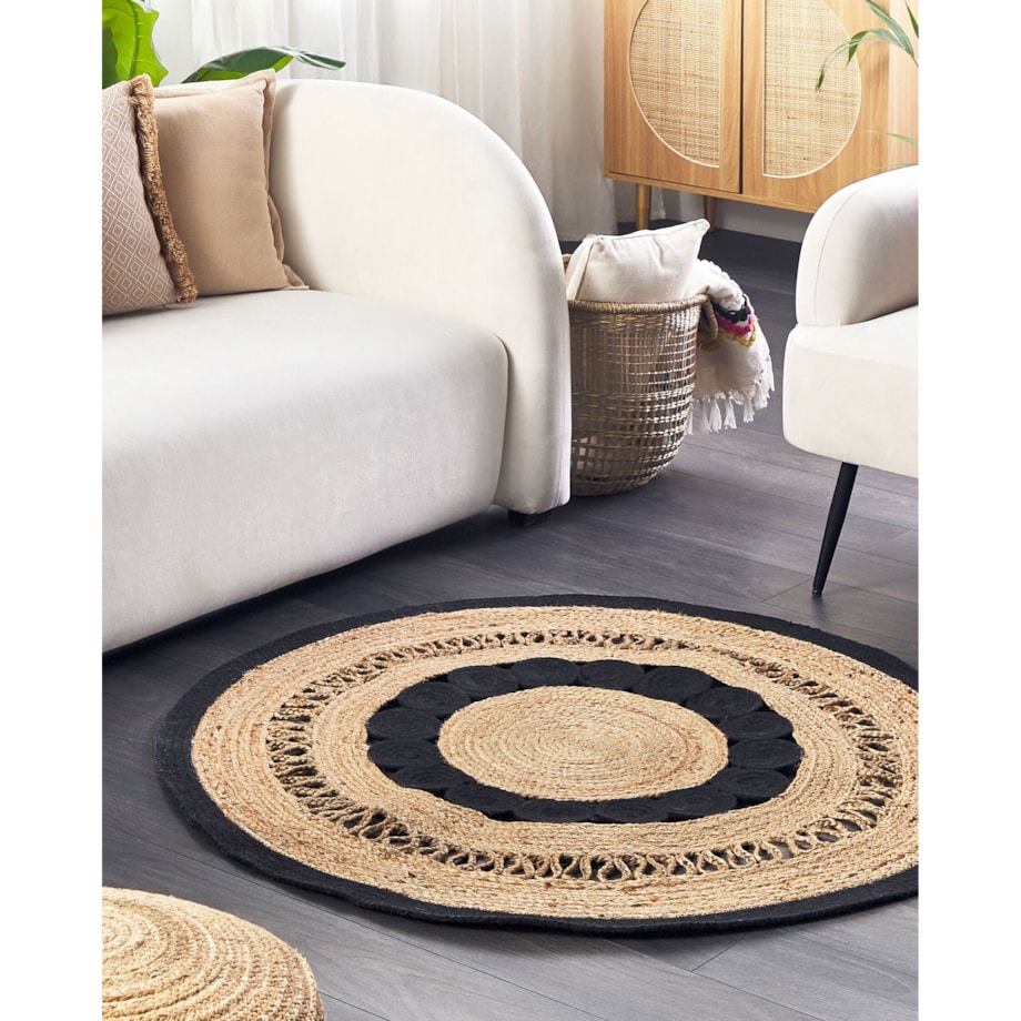 Dywan okrągły z juty ⌀ 120 cm beżowo-czarny YOZGAT