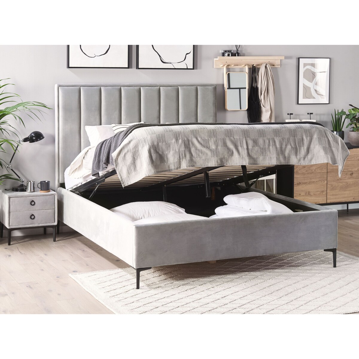 Łóżko z pojemnikiem Welur SEZANNE 160 x 200 cm Jasnoszary