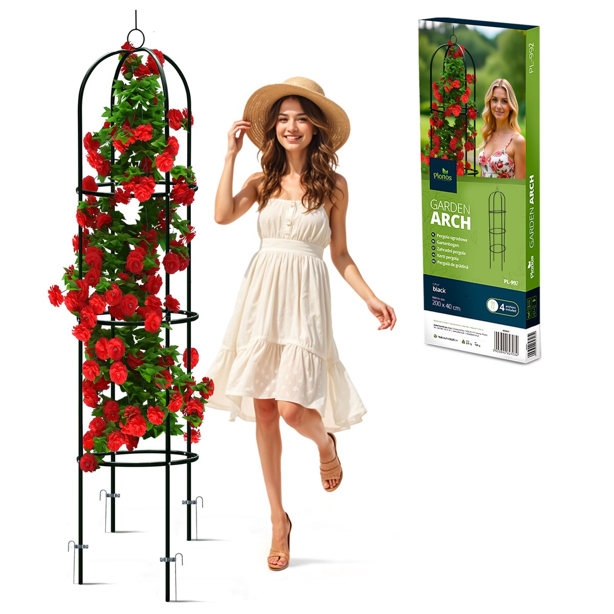 Pergola ogrodowa czarna na kwiaty róże 200x40cm + kotwy Plonos