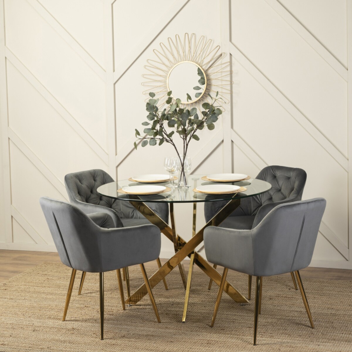 Krzesło Glamour Welurowe Jadalnia Złote Nogi Salon Do Toaletki Szare RAYA