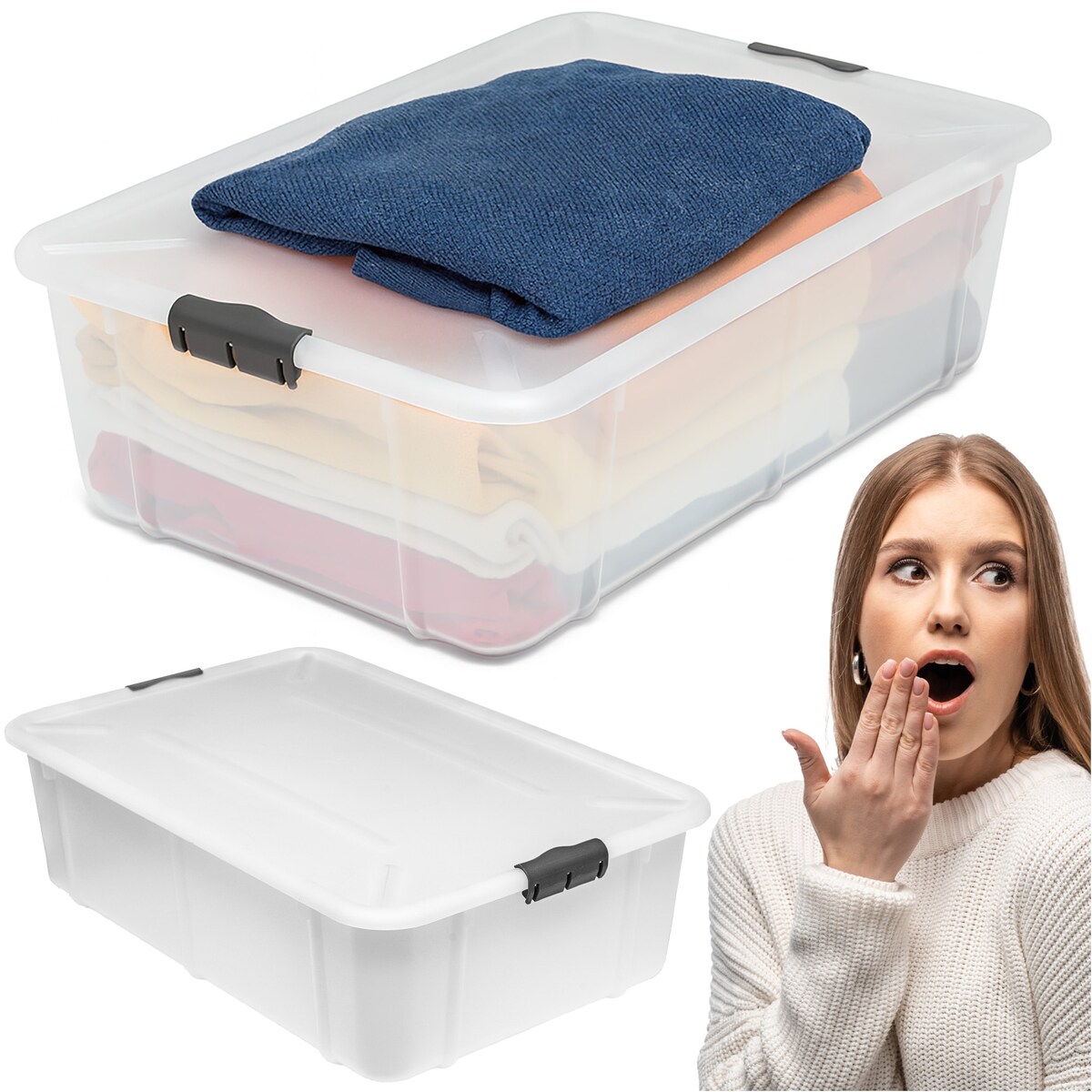 Pojemnik Plastikowy Pudełko 29 L Plastikowe Zamykany Z Pokrywką Pudło Box Do Przechowywania Na Zabawki Dokumenty Ubrania Mleczny