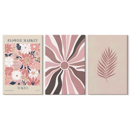 Zestaw 3 małych obrazów na płótnie - Kwiatowe wzory liści i geometria - różowy