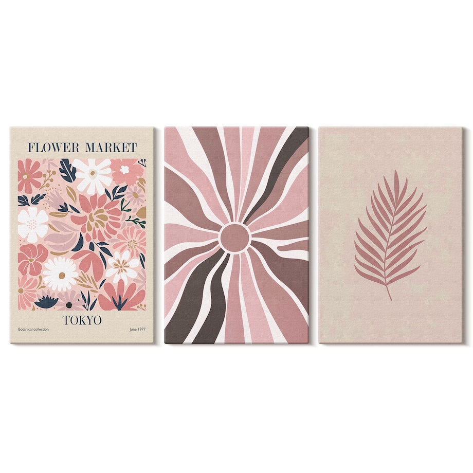 Zestaw 3 małych obrazów na płótnie - Kwiatowe wzory liści i geometria - różowy